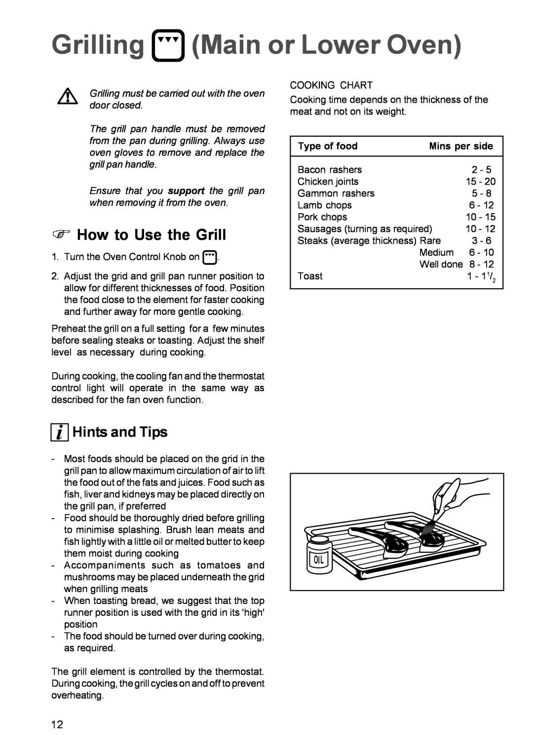 Zanussi ZDC 888 manual Grilling Main or Lower Oven, Φ How to Use the Grill, i Hints and Tips 