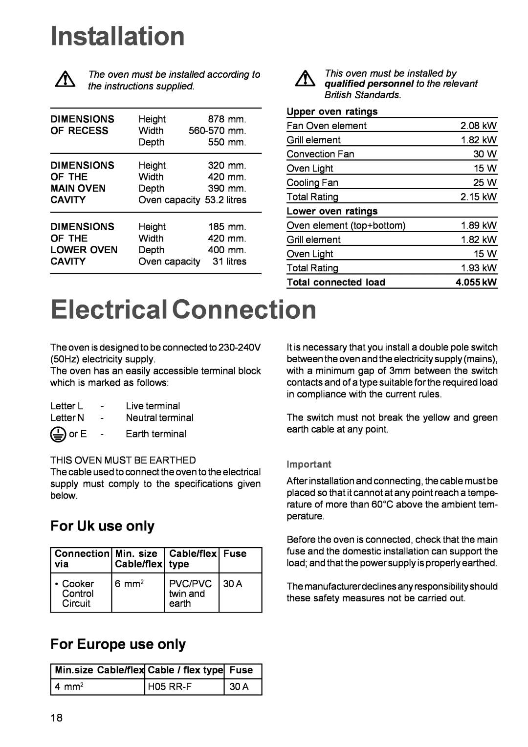 Zanussi ZDC 888 manual Installation, Electrical Connection, For Uk use only, For Europe use only 