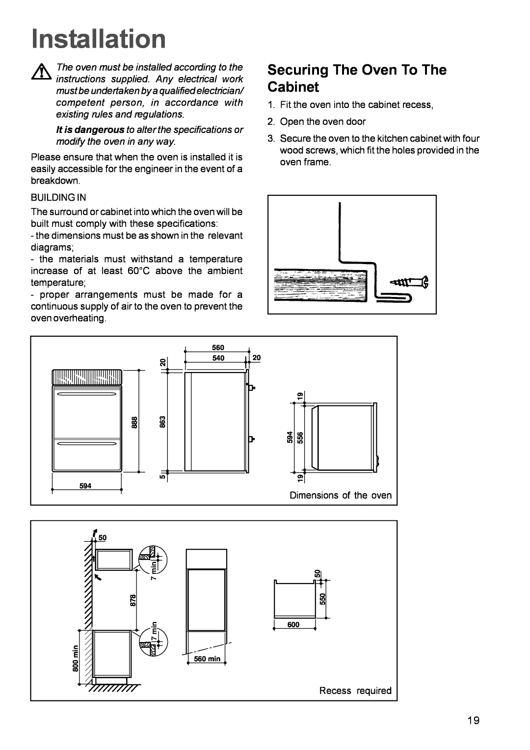 Zanussi ZDC 888 manual Securing The Oven To The Cabinet, Installation, Dimensions of the oven, Recess 