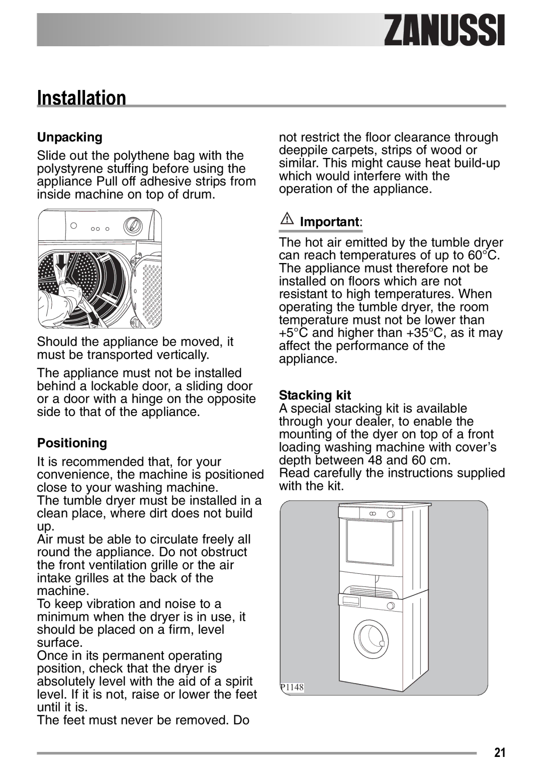 Zanussi ZDC37100W user manual Installation, Unpacking, Positioning, Stacking kit 