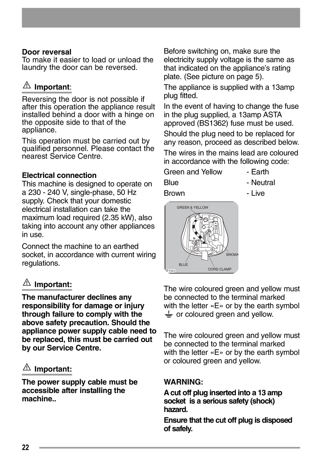 Zanussi ZDC37100W user manual Door reversal, Electrical connection 