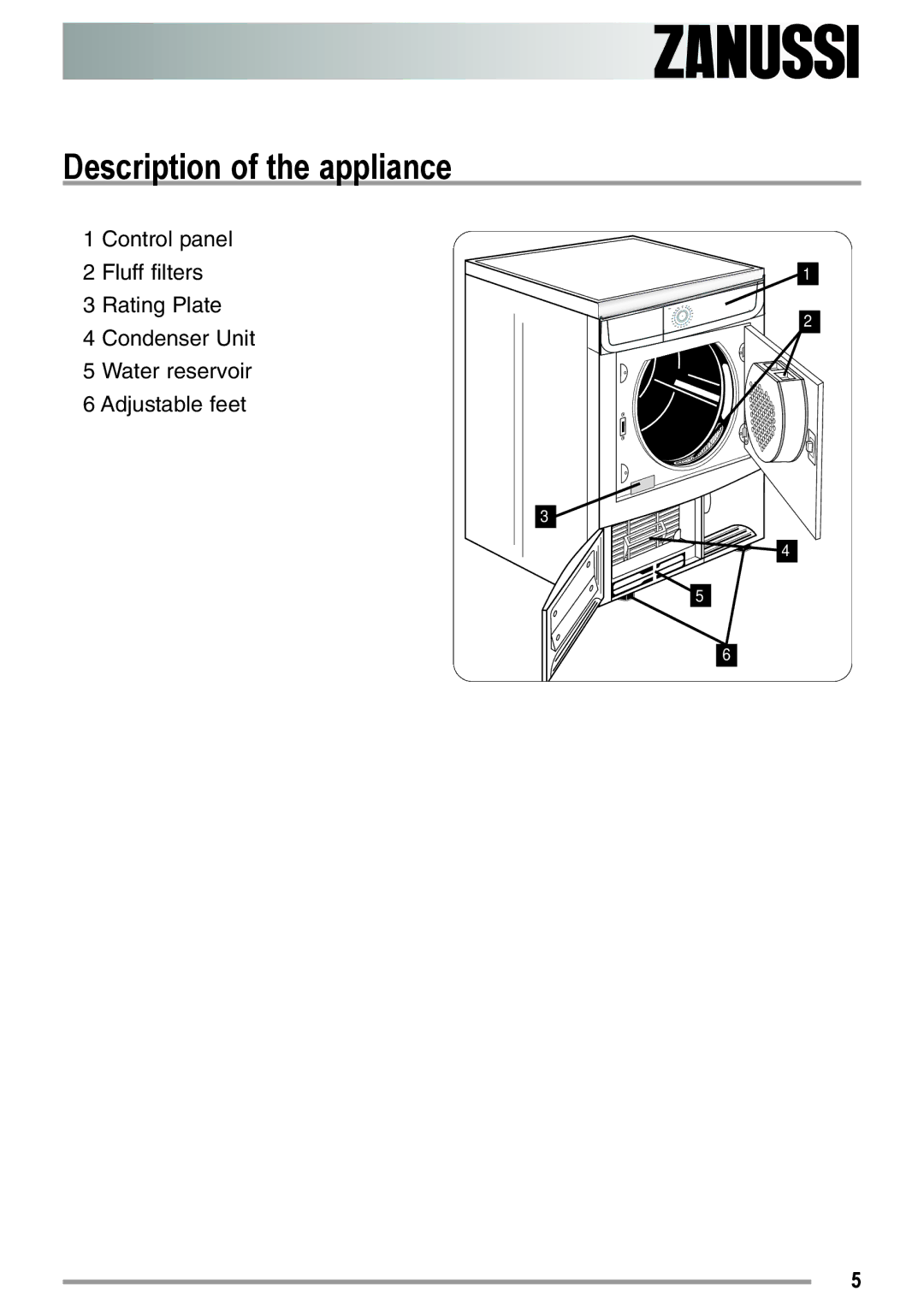 Zanussi ZDC37100W user manual Description of the appliance 