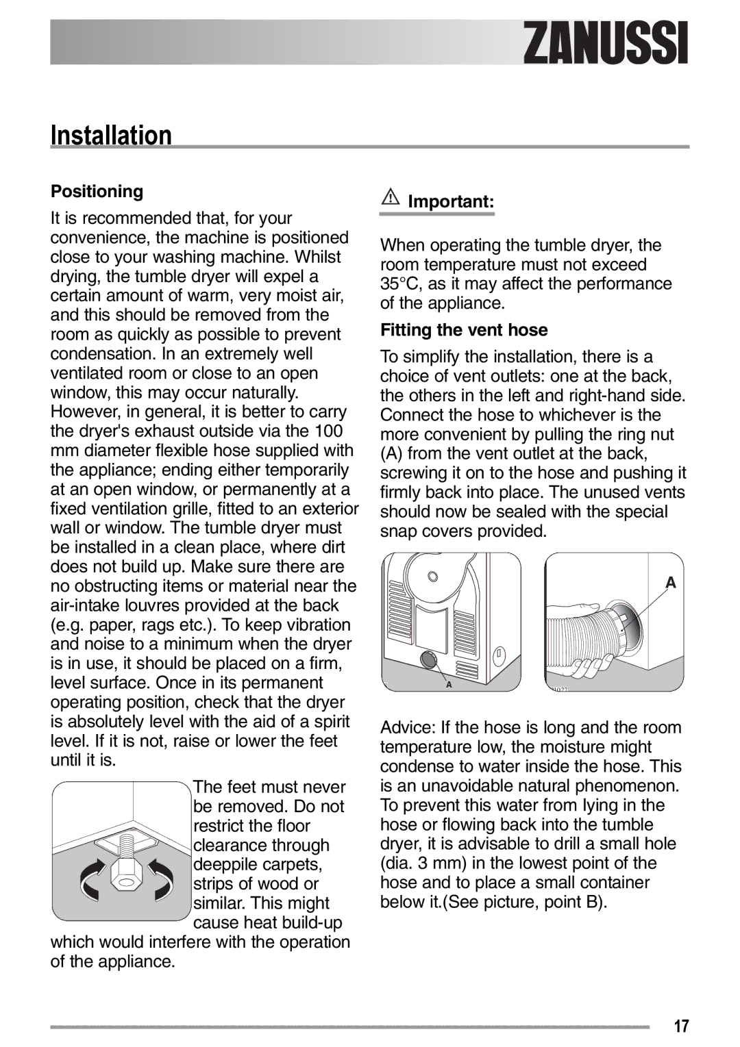 Zanussi ZDE 26000 W manual Installation, Positioning, Fitting the vent hose 