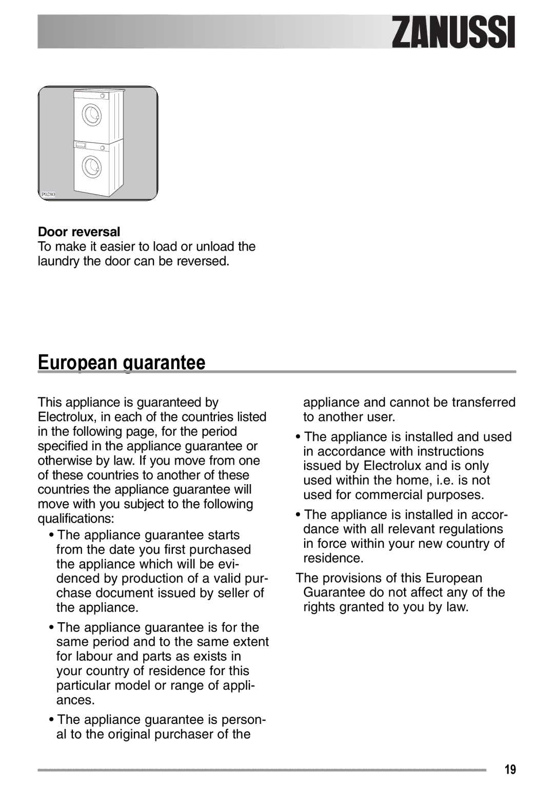 Zanussi ZDE 26000 W manual European guarantee, Door reversal 