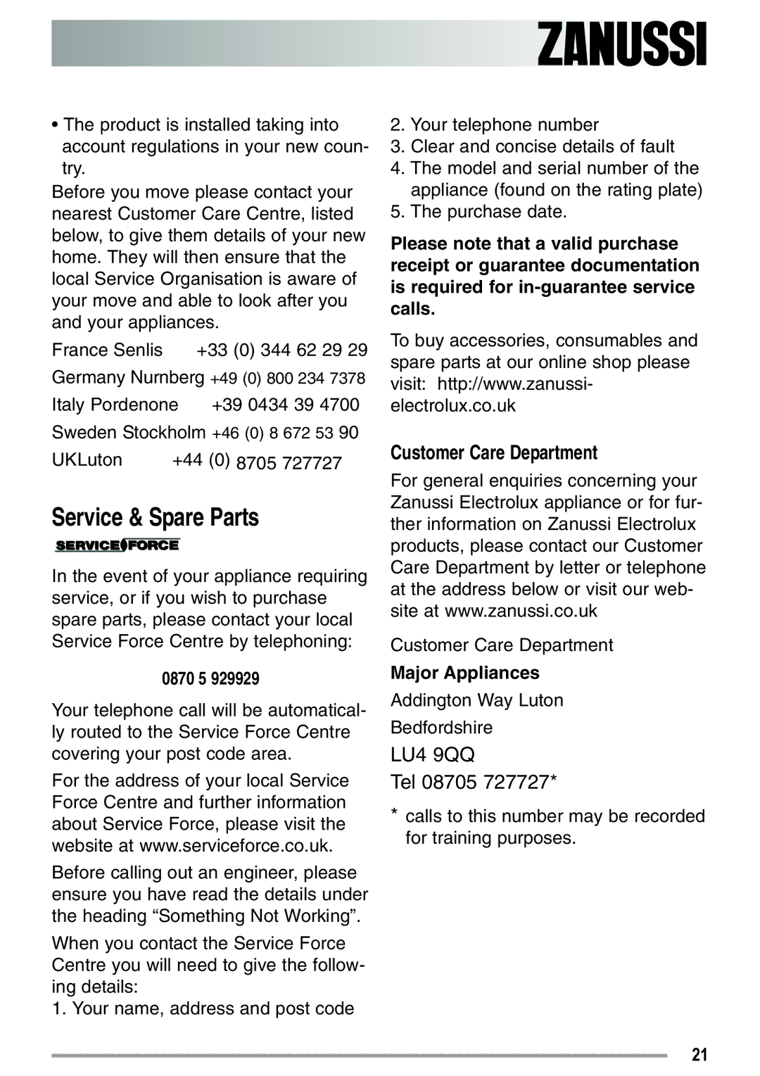 Zanussi ZDE 26000 W manual Customer Care Department, 0870 5, Major Appliances 