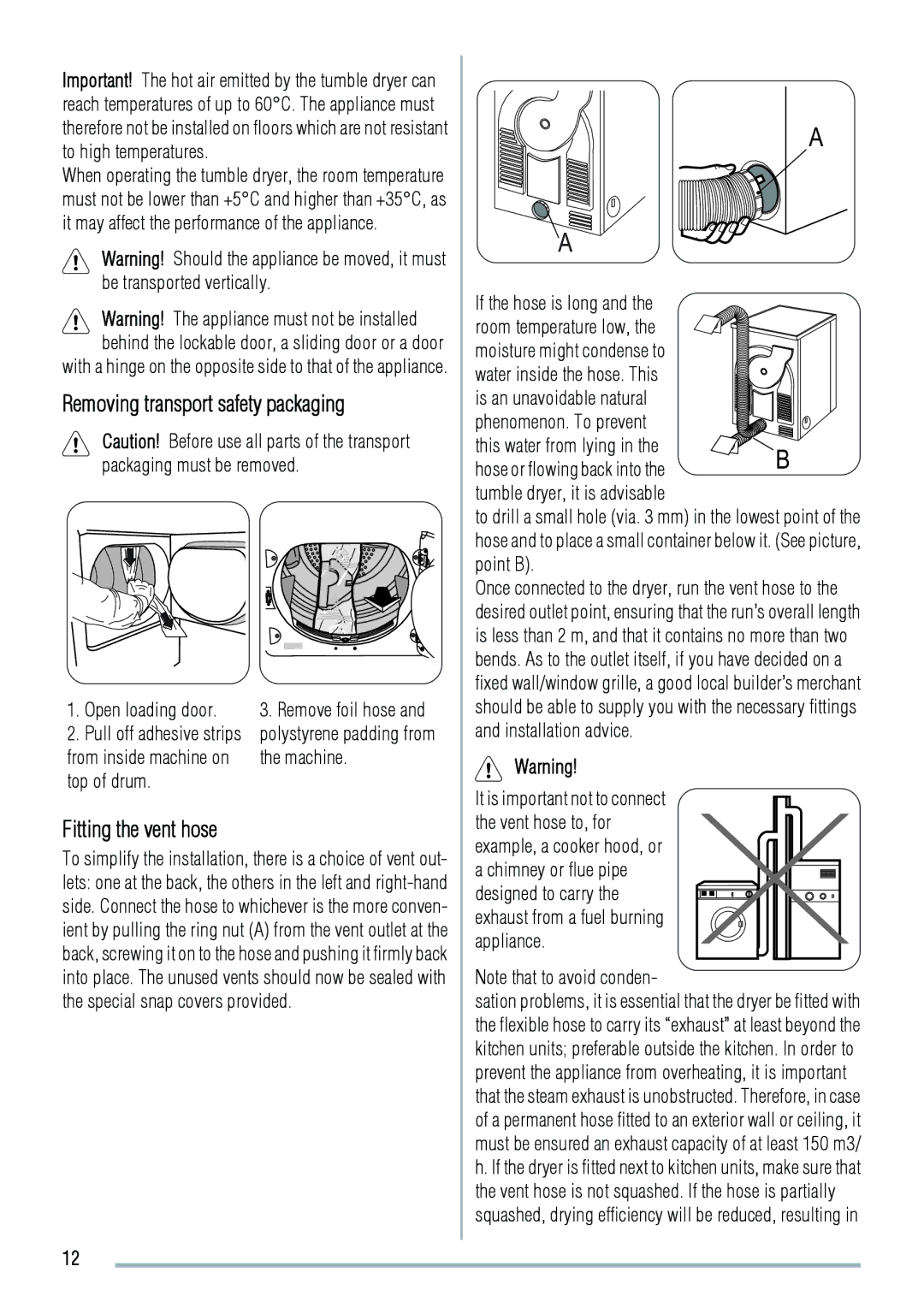 Zanussi ZDE 47100W user manual Removing transport safety packaging, Fitting the vent hose 