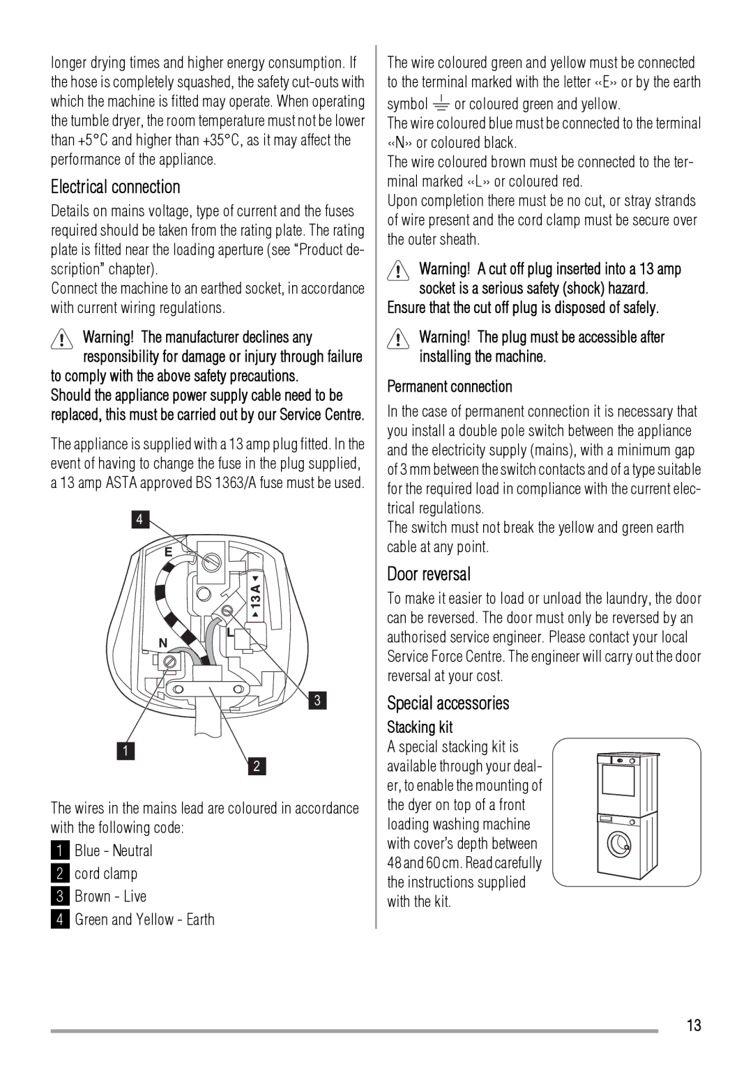 Zanussi ZDE 47100W user manual Electrical connection, Door reversal, Special accessories 