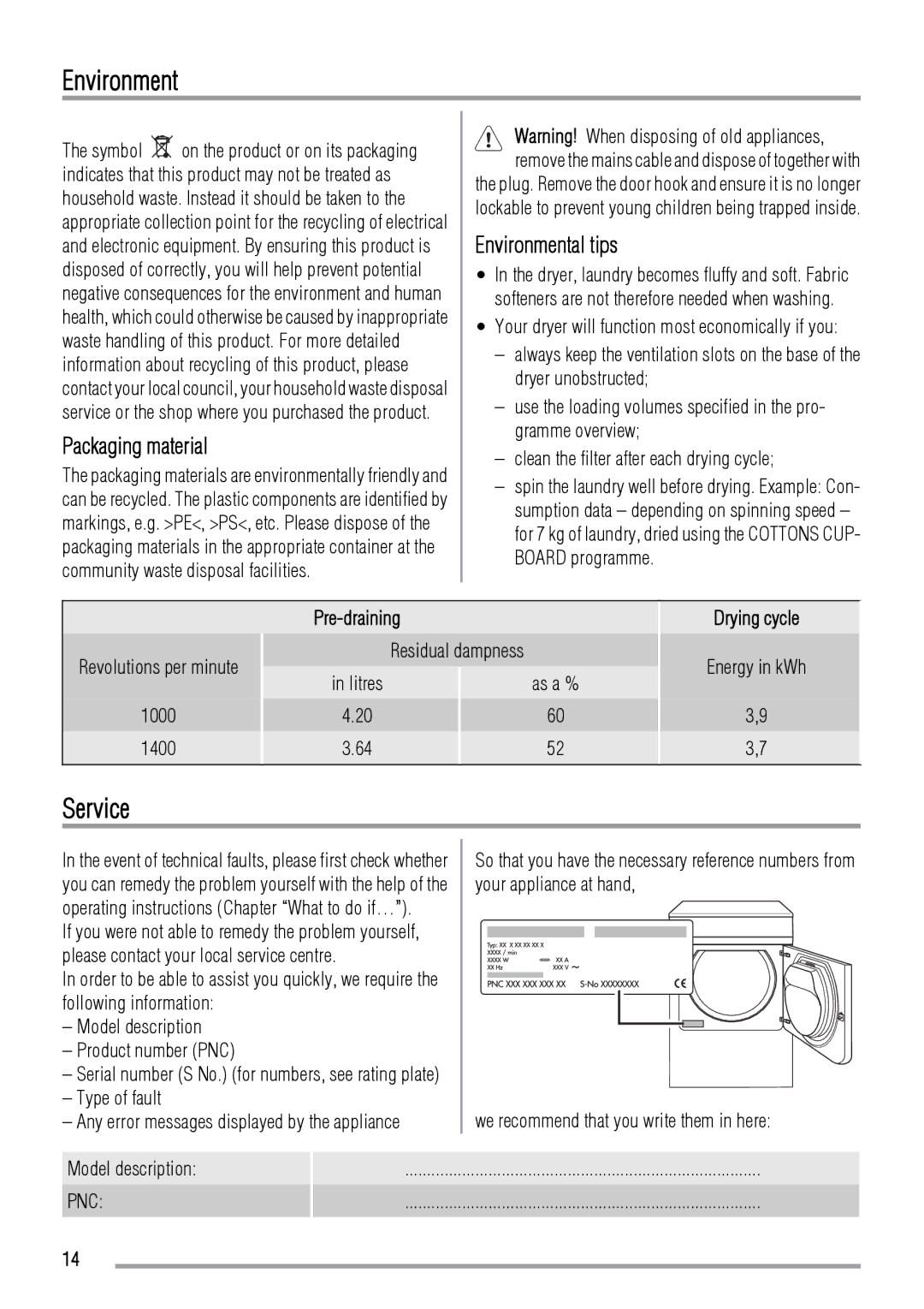 Zanussi ZDE 47100W user manual Service, Packaging material, Environmental tips 