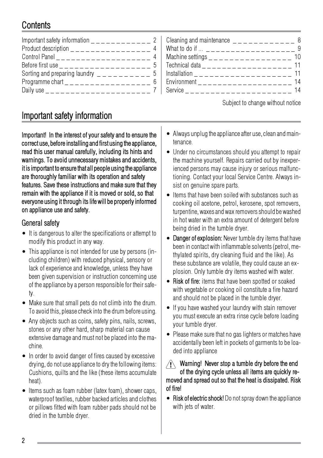 Zanussi ZDE 47100W user manual Contents, Important safety information 