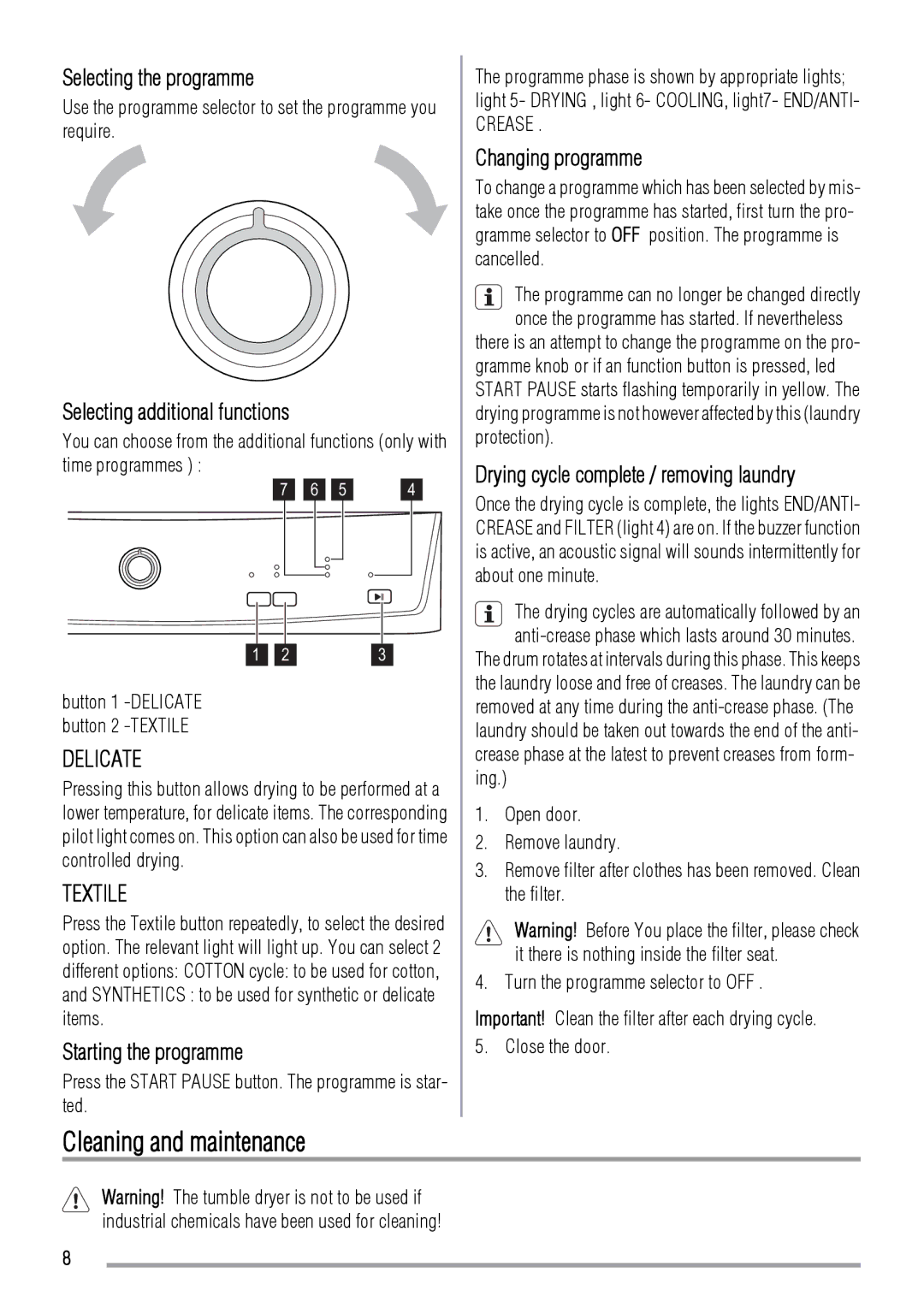 Zanussi ZDE 47100W user manual Cleaning and maintenance 