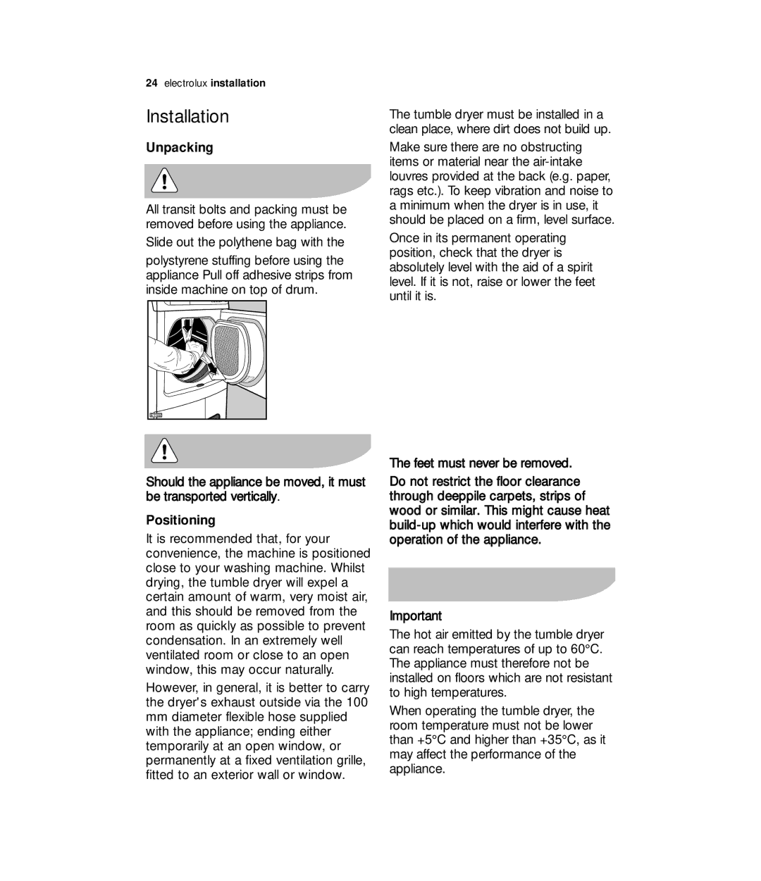 Zanussi ZDE 57140W user manual Installation, Unpacking, Positioning 