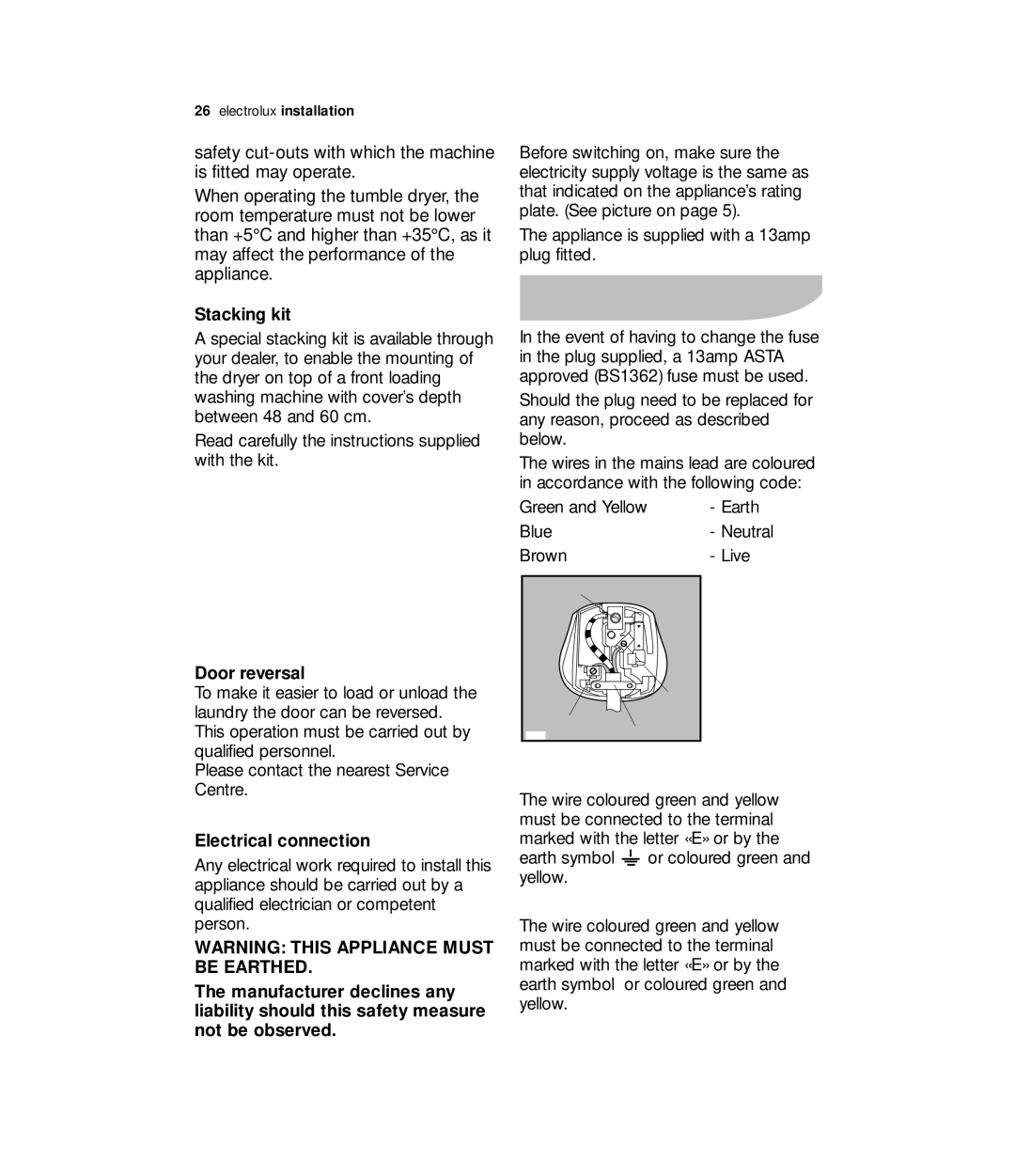 Zanussi ZDE 57140W user manual Stacking kit, Door reversal, Electrical connection 