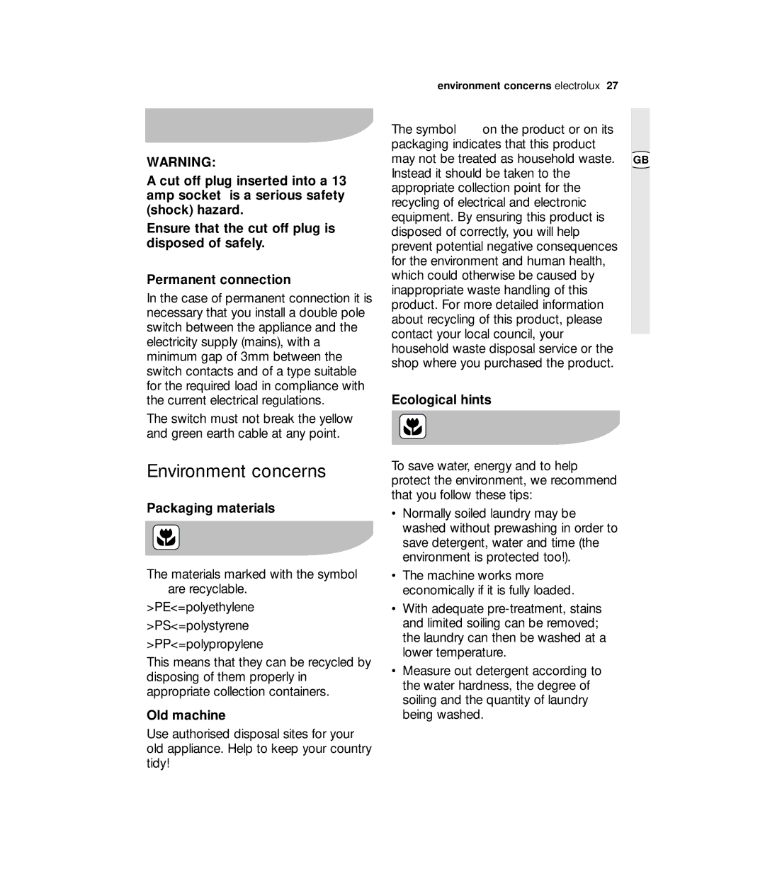 Zanussi ZDE 57140W user manual Environment concerns, Packaging materials, Old machine, Ecological hints 