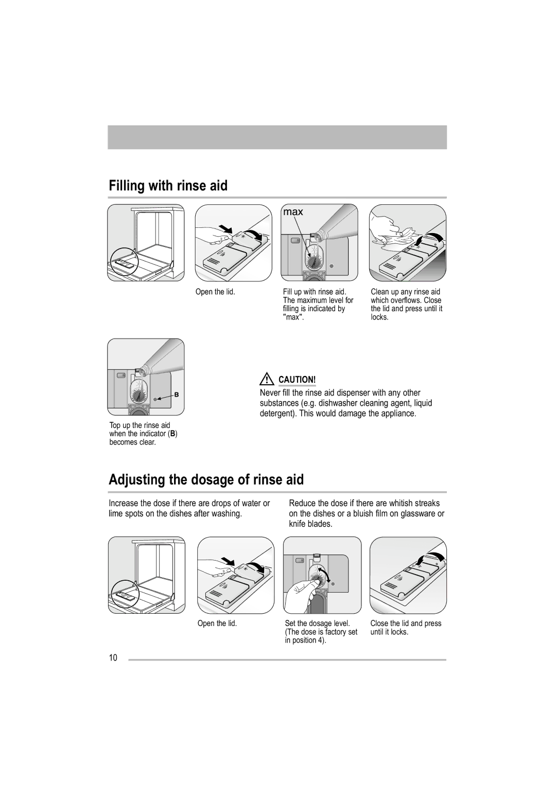 Zanussi ZDF 121 manual Filling with rinse aid, Adjusting the dosage of rinse aid 