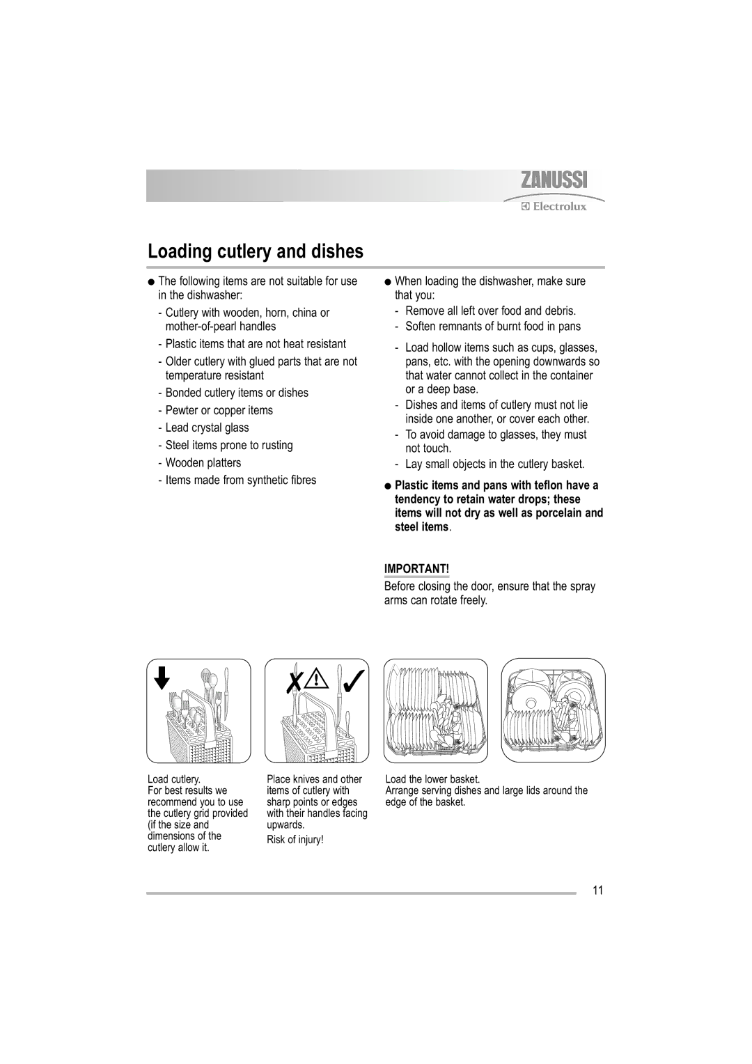 Zanussi ZDF 121 manual Loading cutlery and dishes 