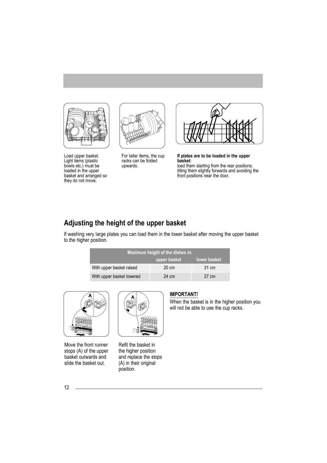 Zanussi ZDF 121 manual Adjusting the height of the upper basket, If plates are to be loaded in the upper basket 