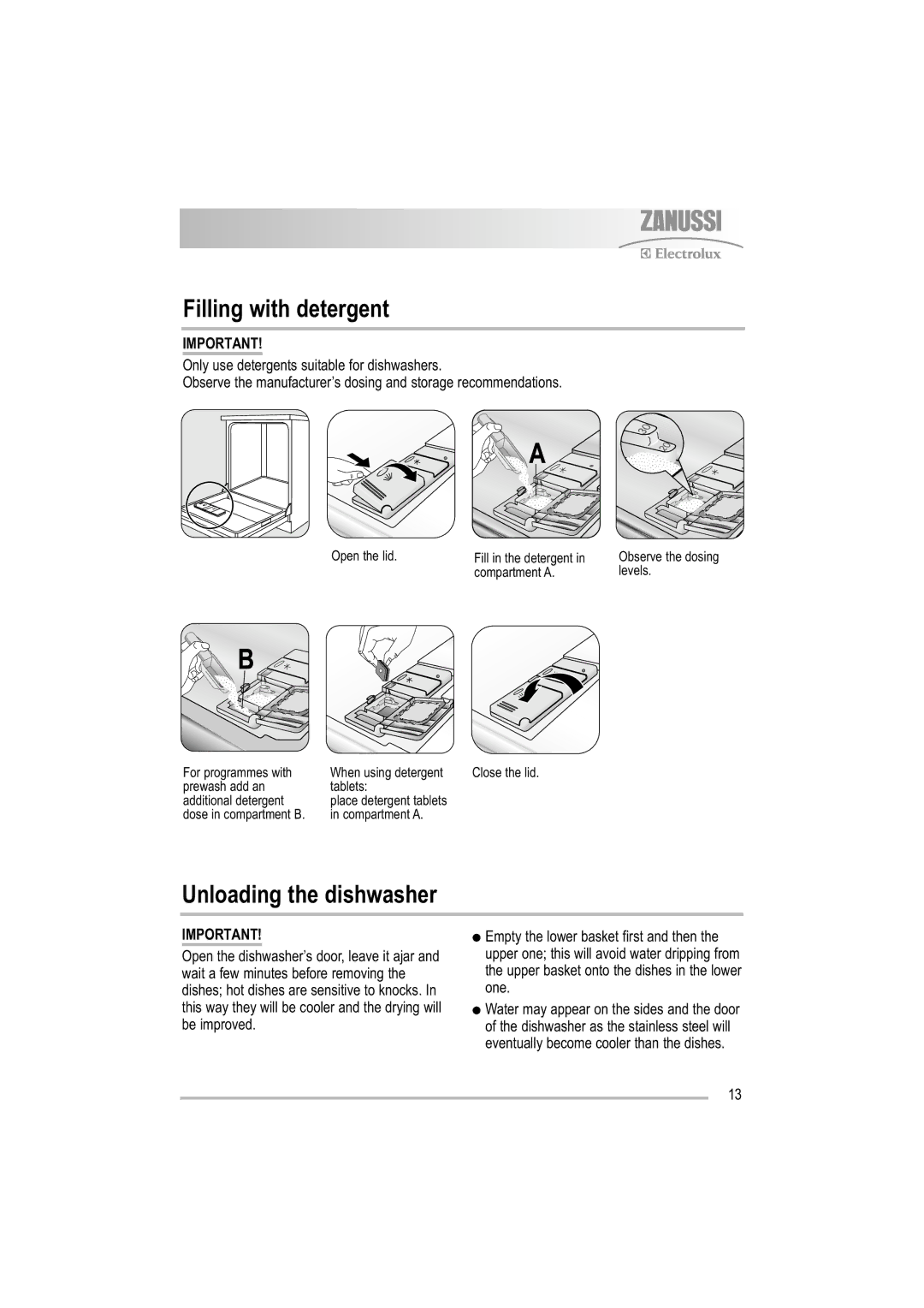 Zanussi ZDF 121 manual Filling with detergent, Unloading the dishwasher 