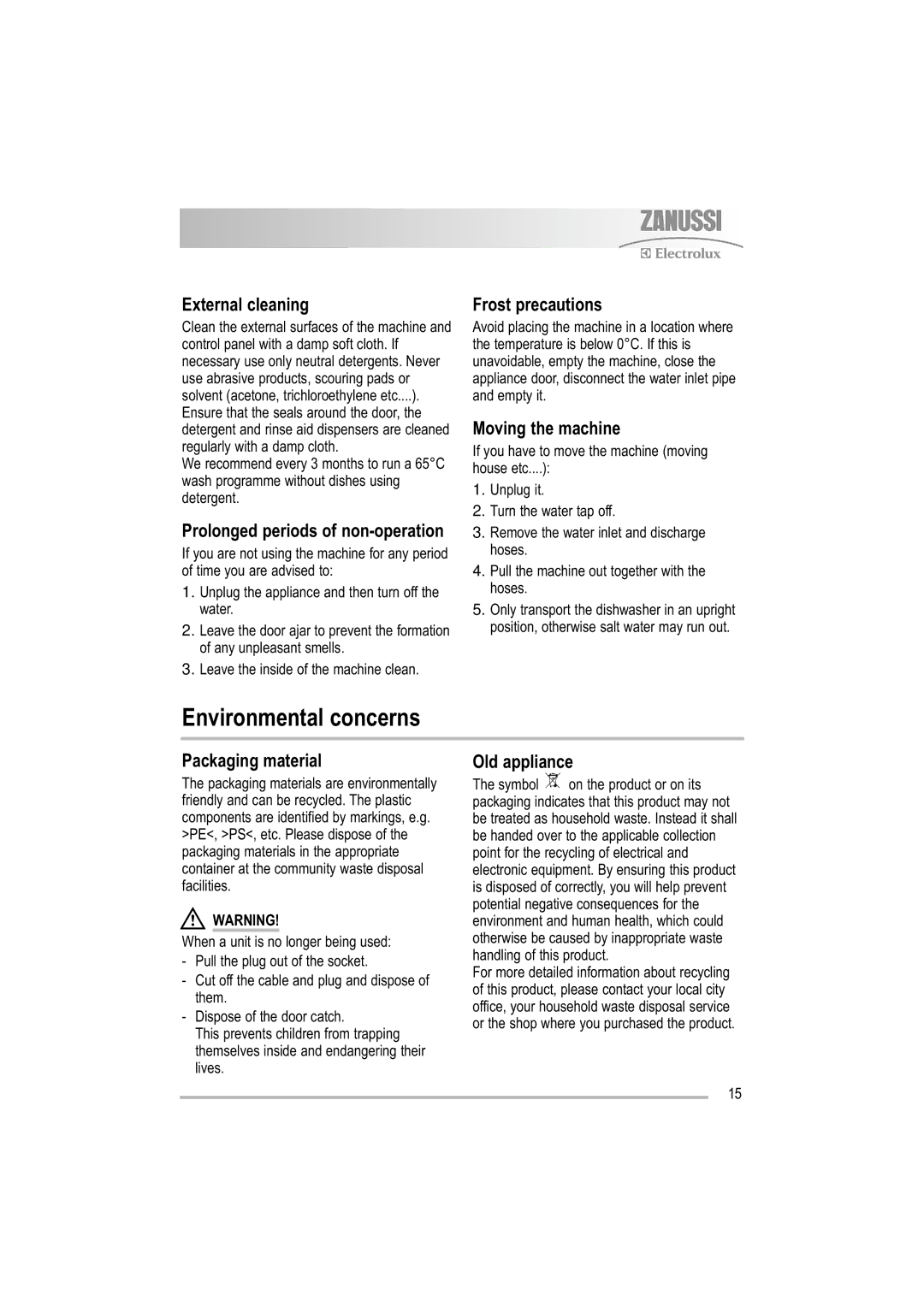 Zanussi ZDF 121 manual Environmental concerns 