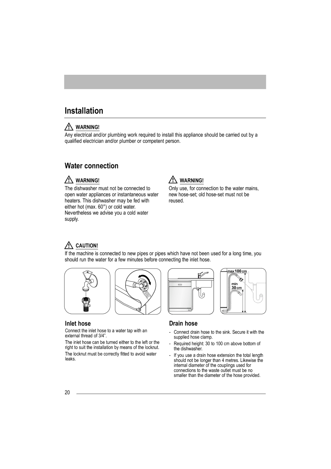 Zanussi ZDF 121 manual Installation, Water connection, Inlet hose, Drain hose 