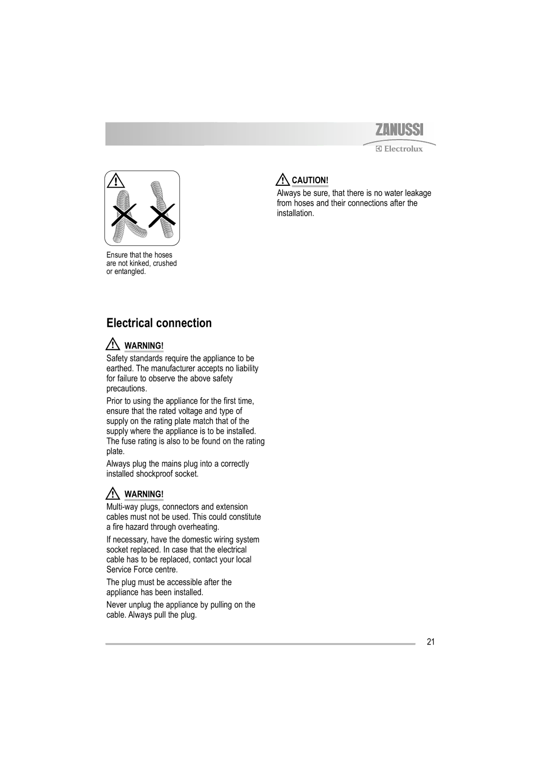 Zanussi ZDF 121 manual Electrical connection 