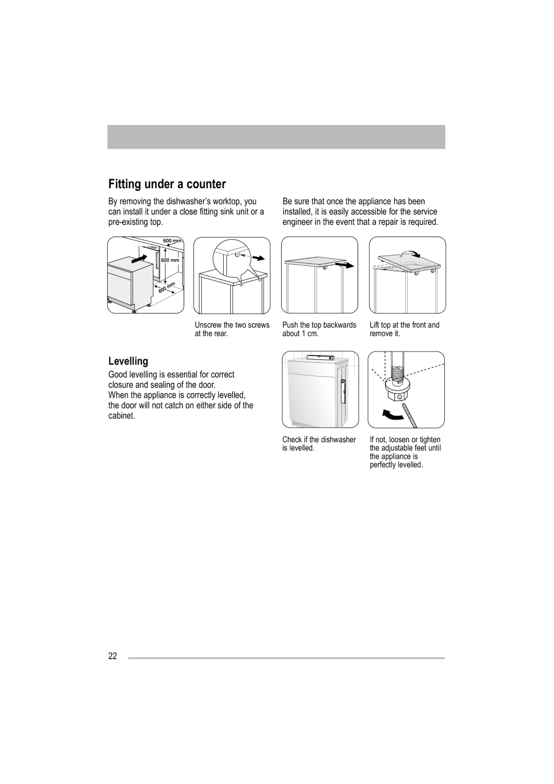 Zanussi ZDF 121 manual Fitting under a counter, Levelling 