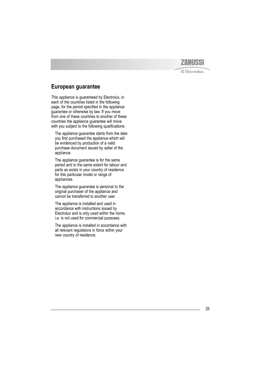 Zanussi ZDF 121 manual European guarantee 