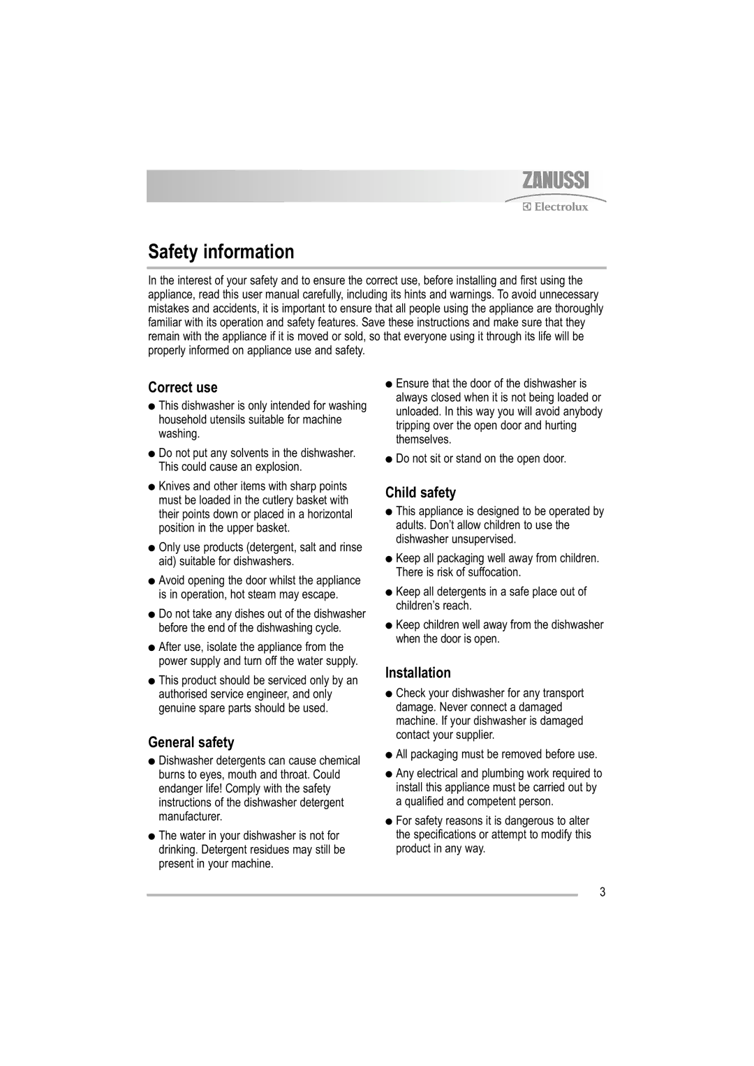 Zanussi ZDF 121 manual Safety information, Correct use, General safety, Child safety, Installation 