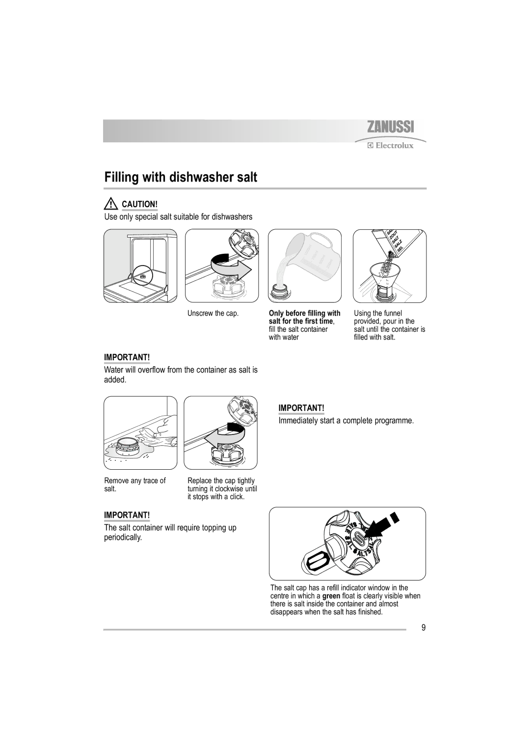 Zanussi ZDF 121 manual Filling with dishwasher salt, Use only special salt suitable for dishwashers 