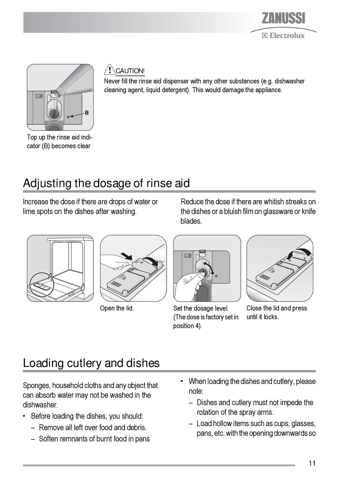 Zanussi ZDF 131 manual Adjusting the dosage of rinse aid, Loading cutlery and dishes 