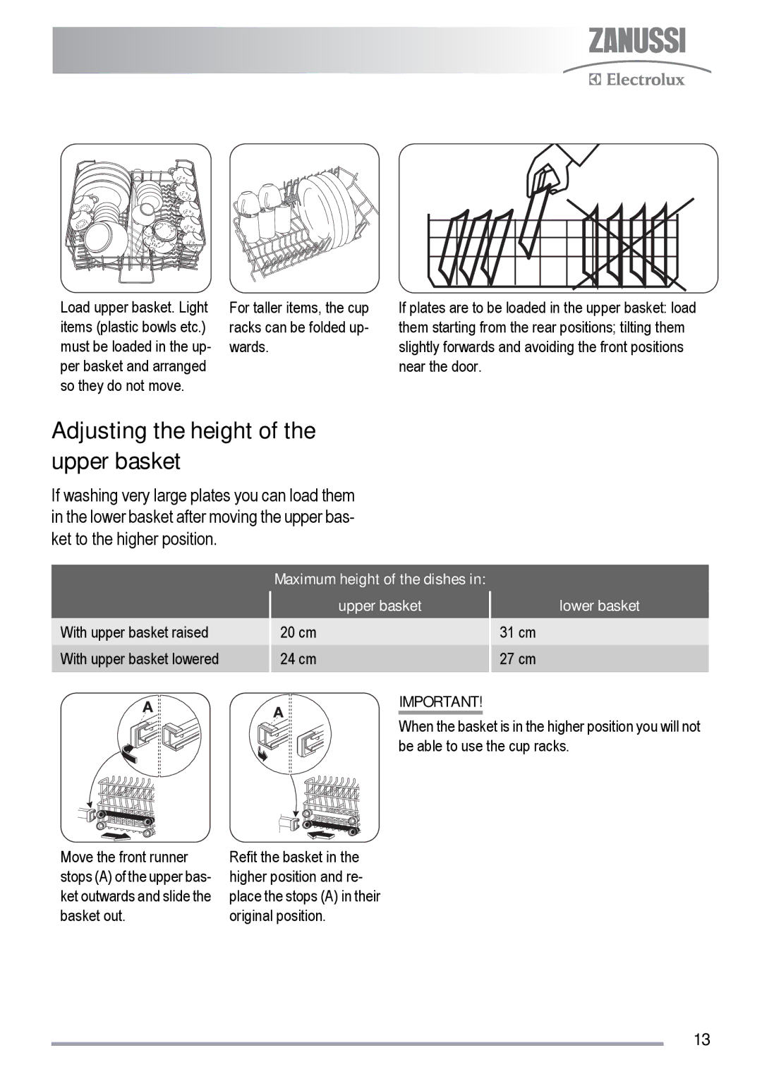 Zanussi ZDF 131 manual Adjusting the height of the upper basket, Maximum height of the dishes, Upper basket, Lower basket 