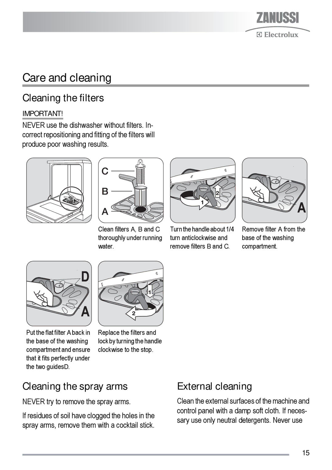 Zanussi ZDF 131 manual Care and cleaning, Cleaning the filters, Cleaning the spray arms, External cleaning 