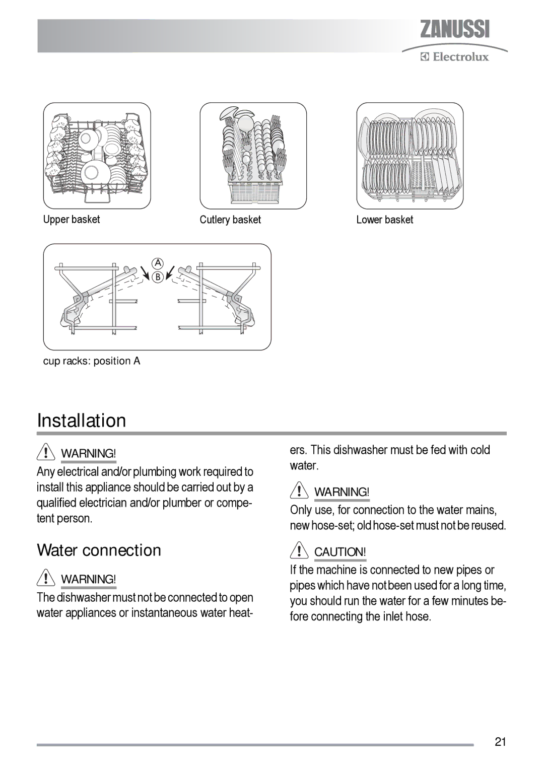 Zanussi ZDF 131 manual Installation, Water connection 