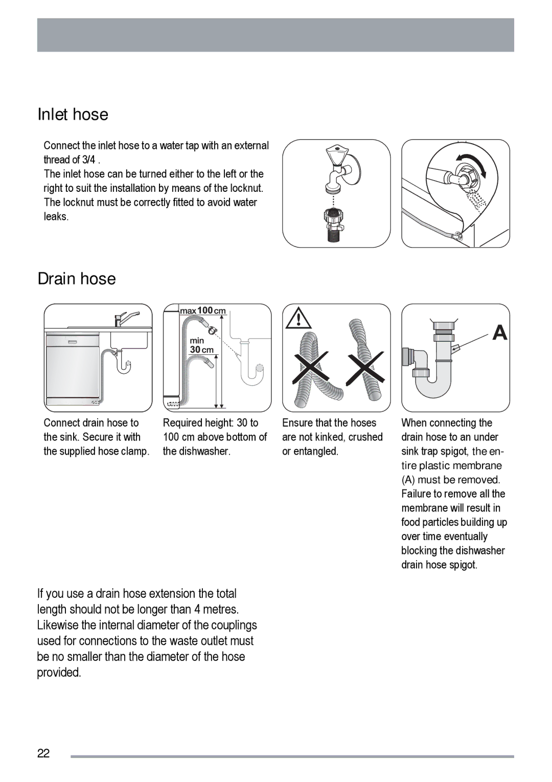 Zanussi ZDF 131 manual Inlet hose, Drain hose 