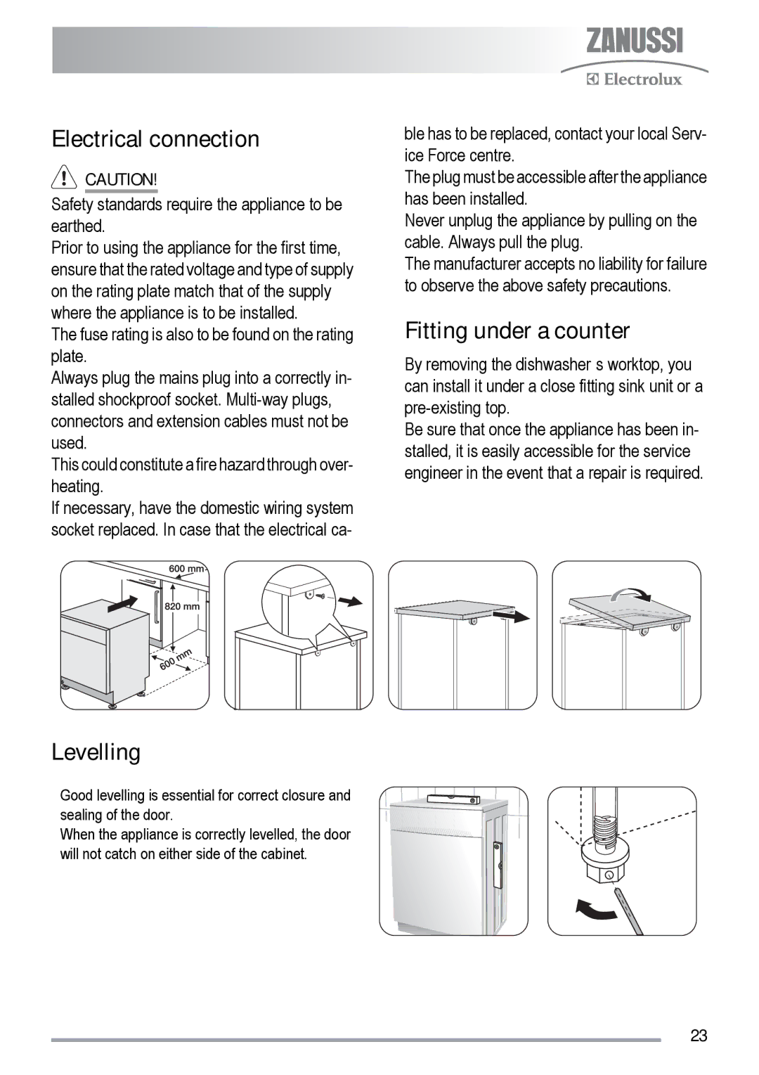 Zanussi ZDF 131 manual Electrical connection, Levelling, Fitting under a counter 