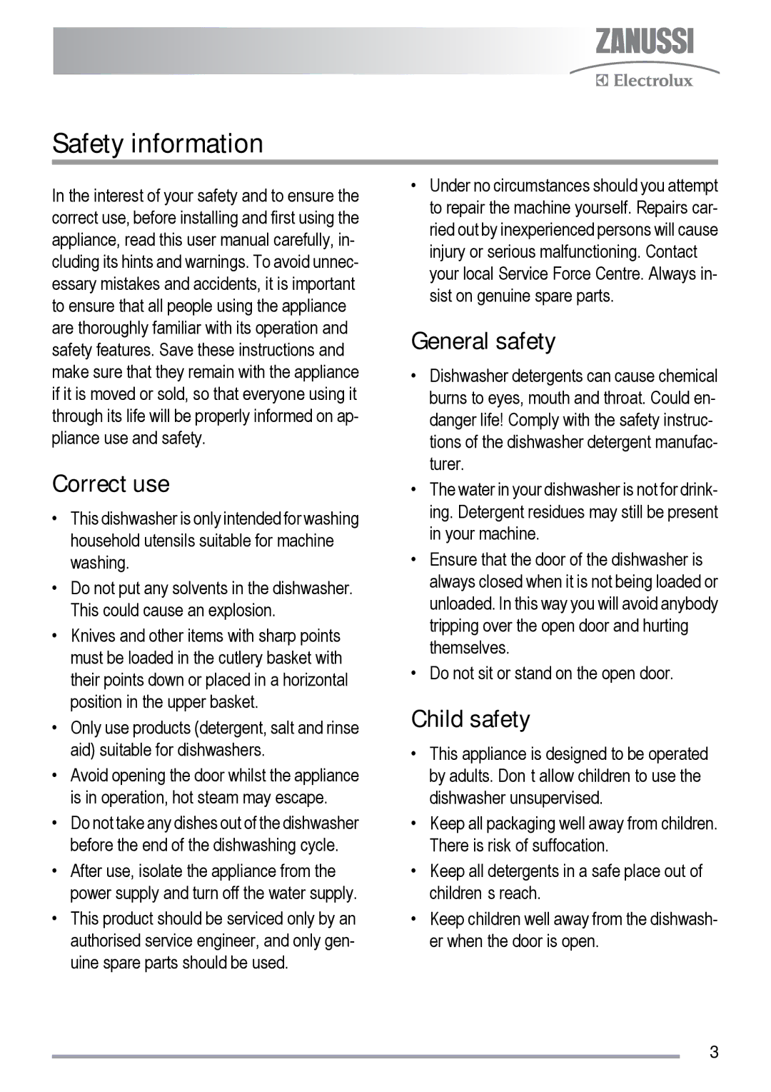 Zanussi ZDF 131 manual Safety information, Correct use, General safety, Child safety 