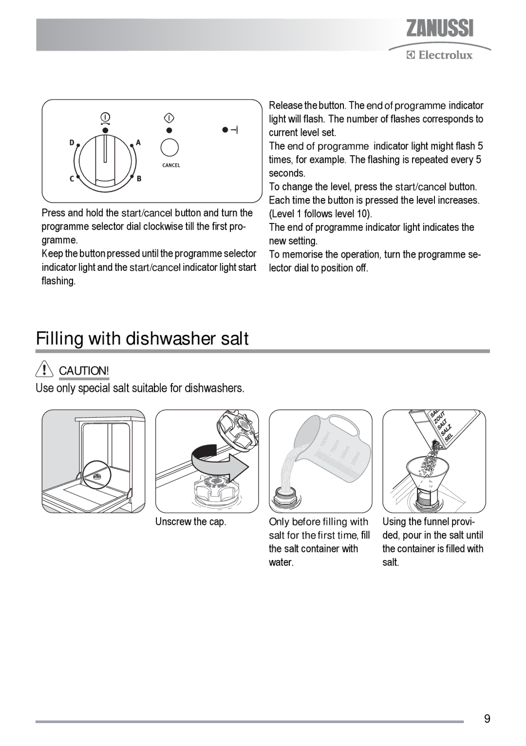 Zanussi ZDF 131 manual Filling with dishwasher salt, Use only special salt suitable for dishwashers 