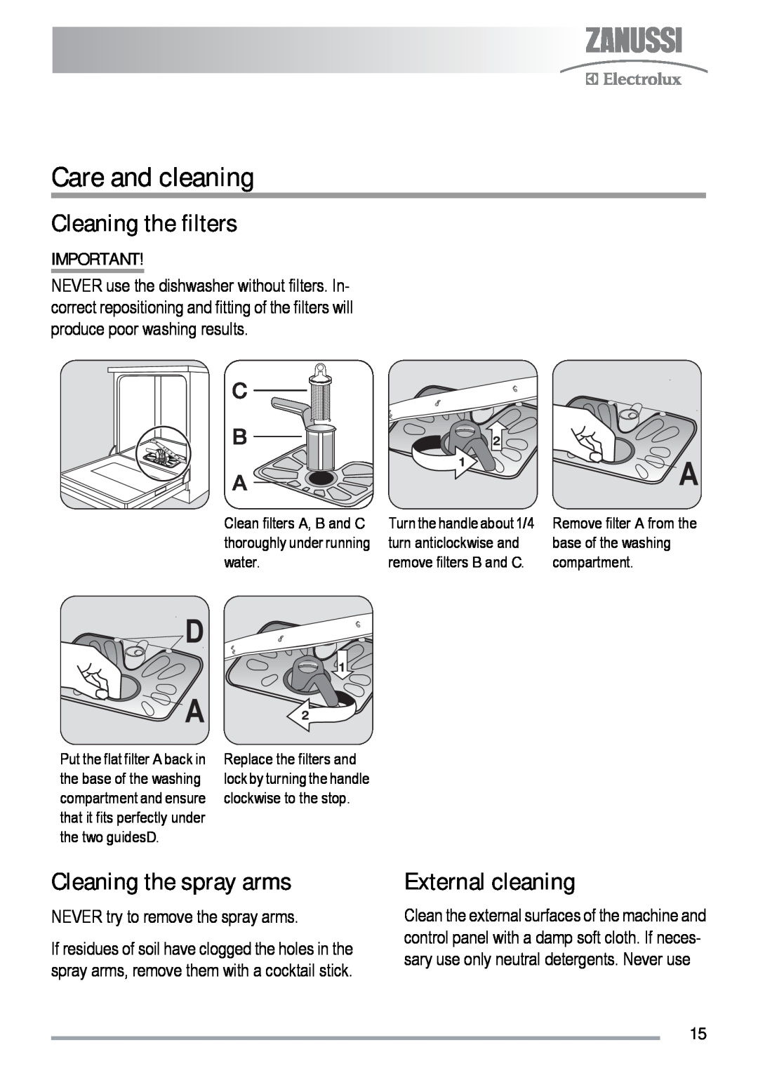 Zanussi ZDF 131 manual Care and cleaning, Cleaning the filters, Cleaning the spray arms, External cleaning 