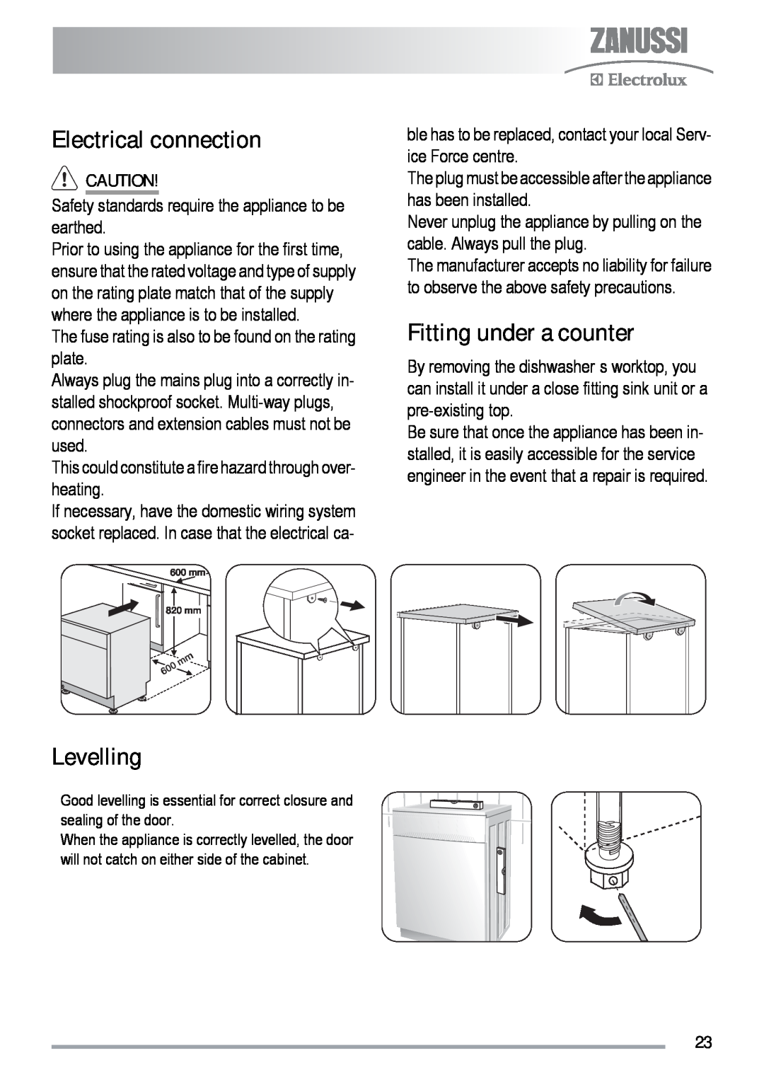 Zanussi ZDF 131 manual Electrical connection, Levelling, Fitting under a counter 