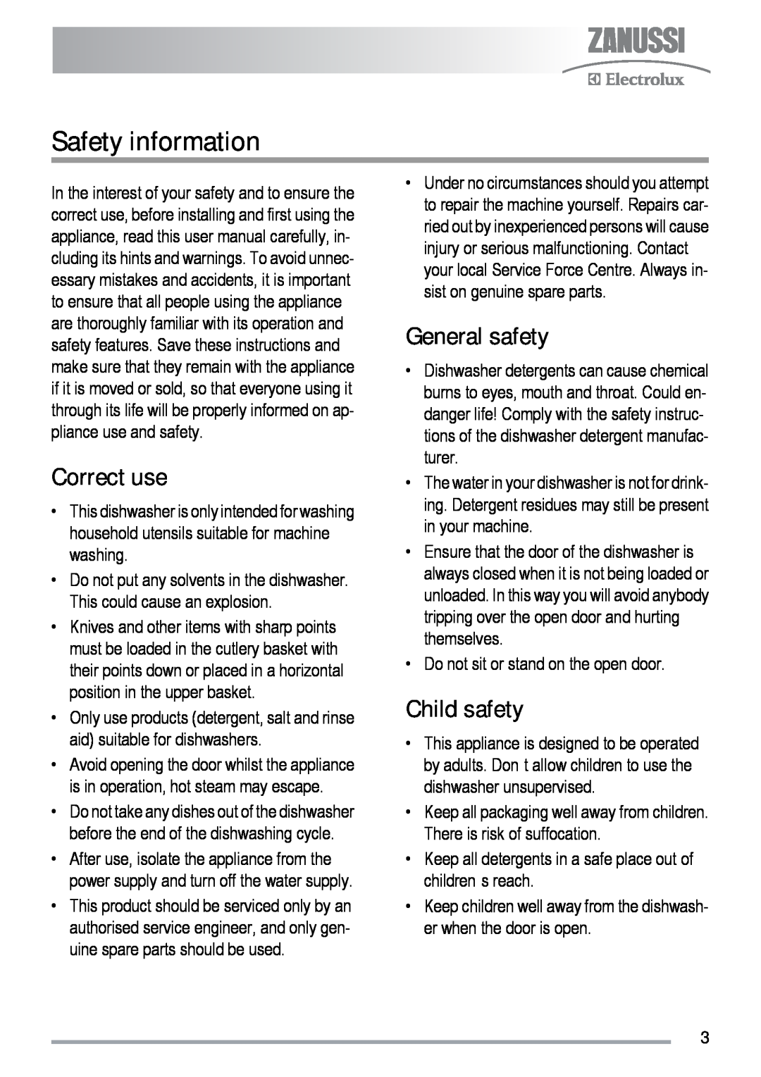 Zanussi ZDF 131 manual Safety information, Correct use, General safety, Child safety 