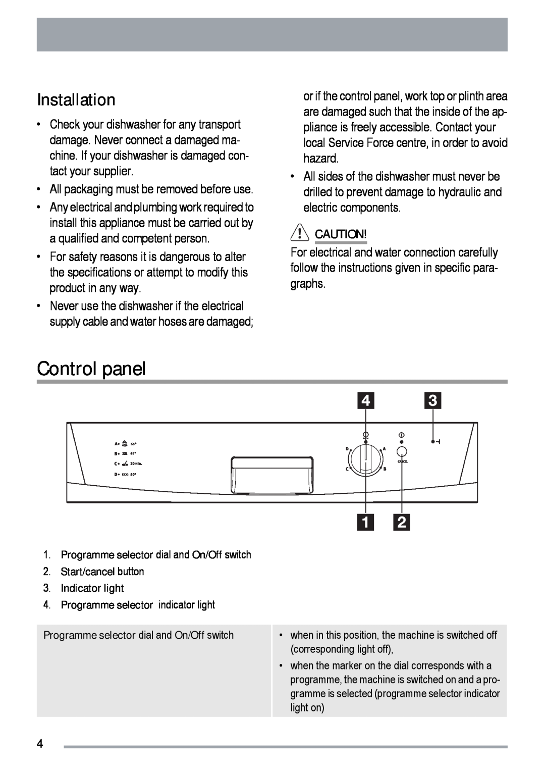 Zanussi ZDF 131 manual Control panel, Installation 
