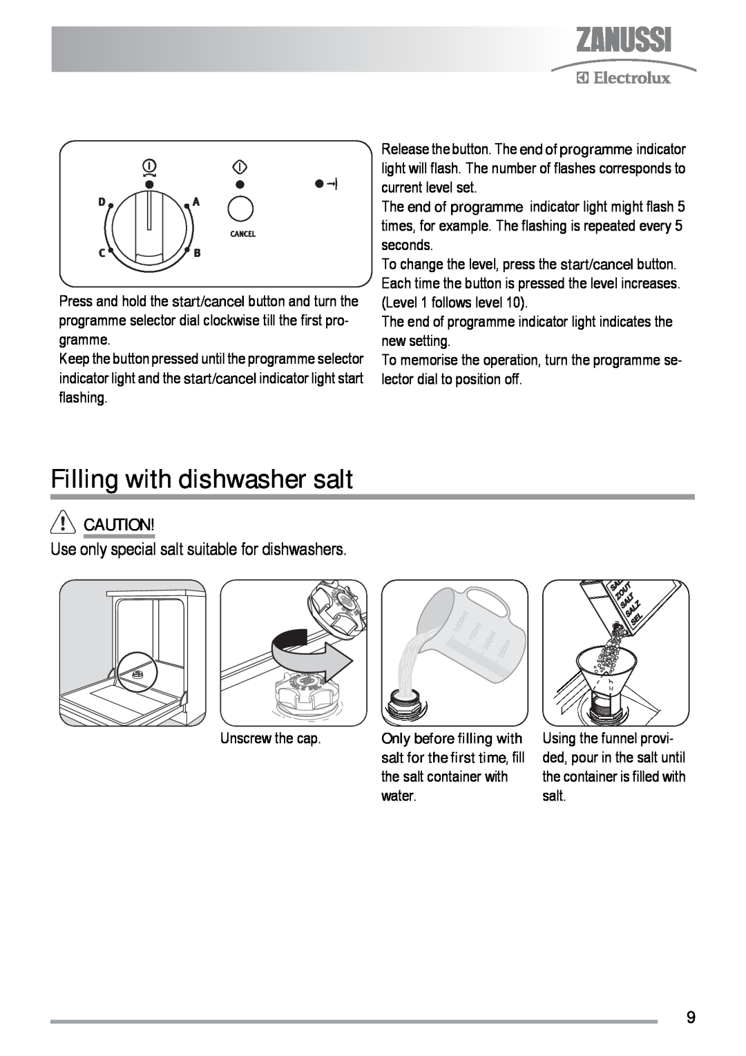 Zanussi ZDF 131 manual Filling with dishwasher salt, Use only special salt suitable for dishwashers, Unscrew the cap, water 
