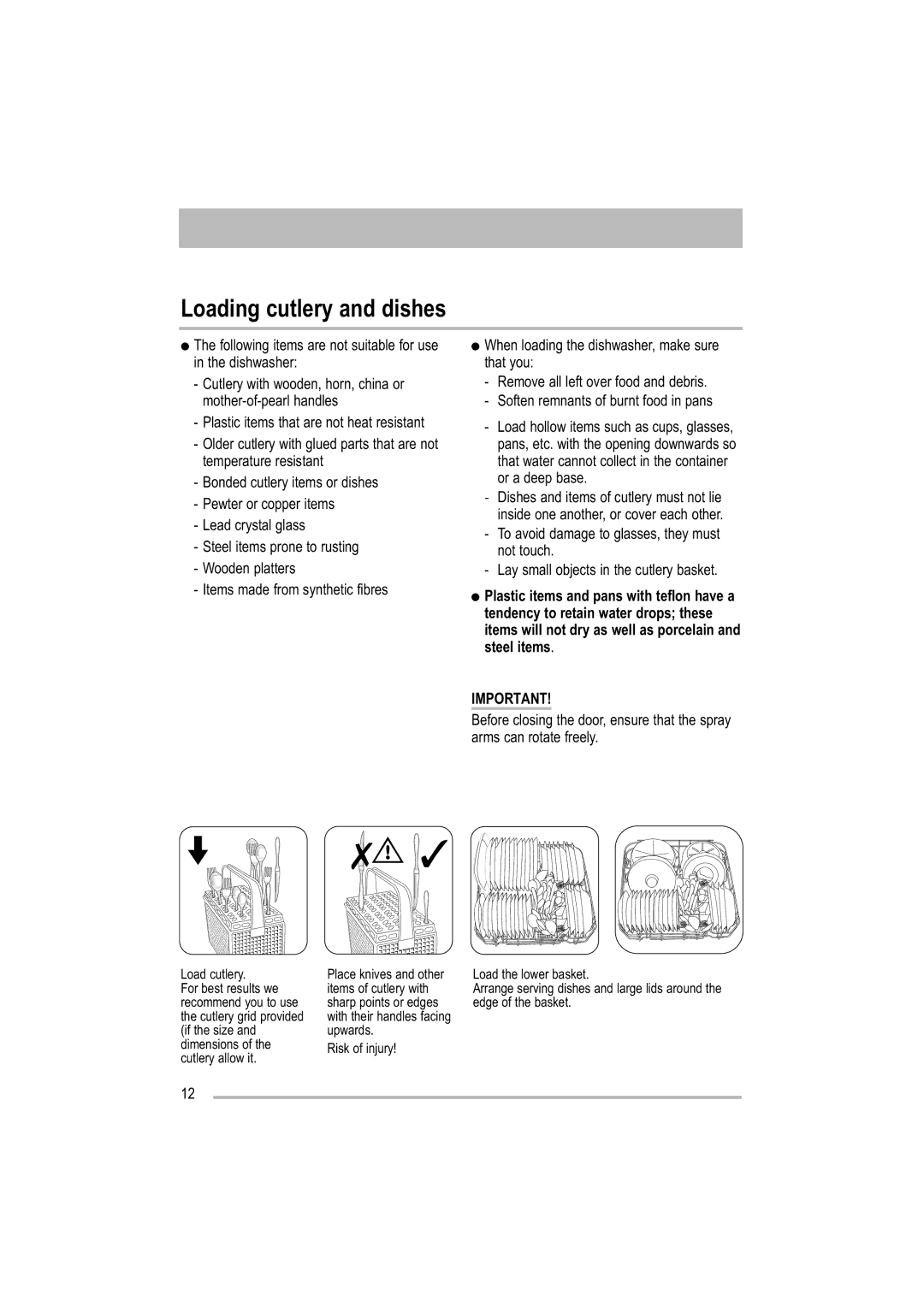 Zanussi ZDF 221 user manual Loading cutlery and dishes 