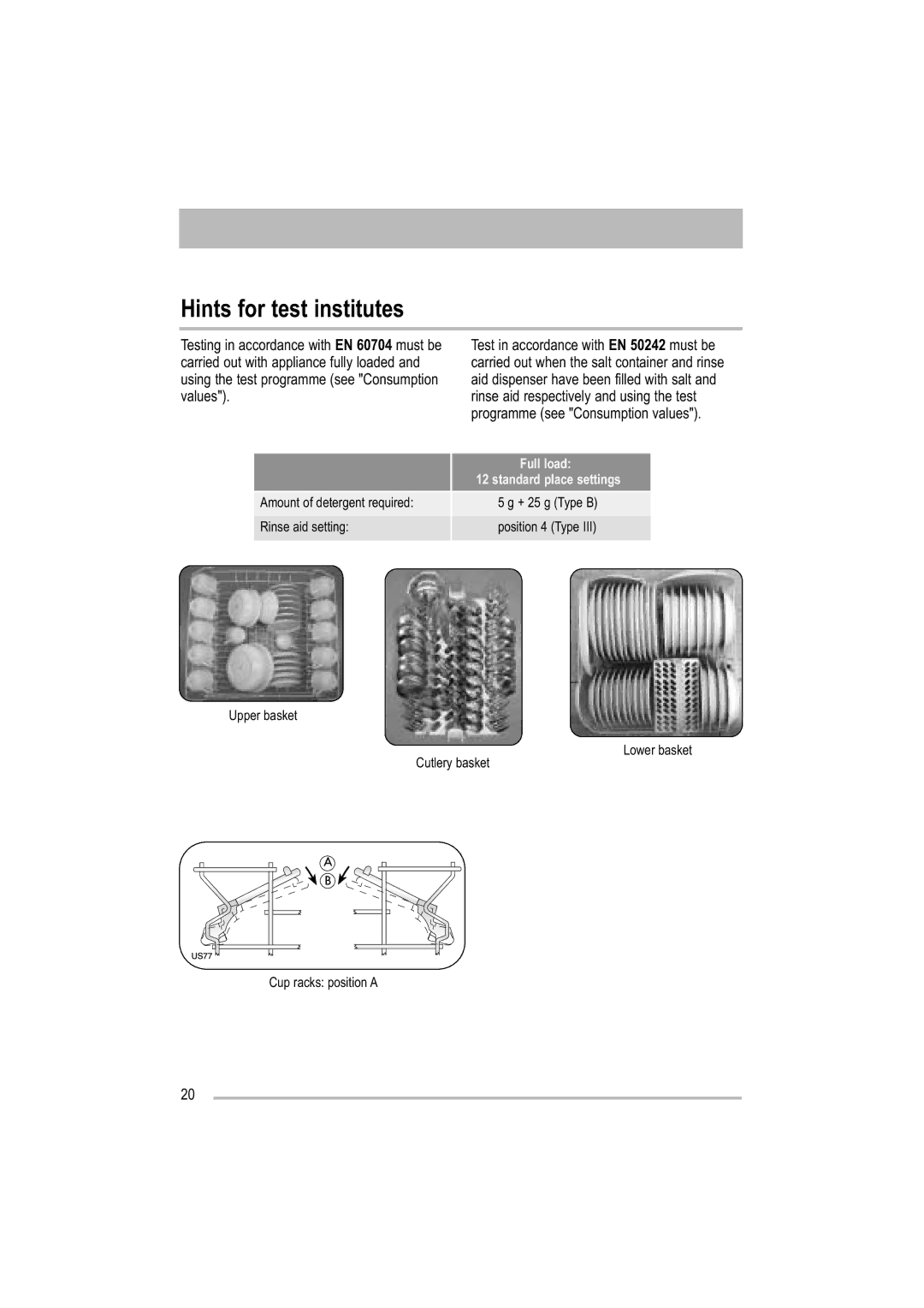 Zanussi ZDF 221 user manual Hints for test institutes, Standard place settings 