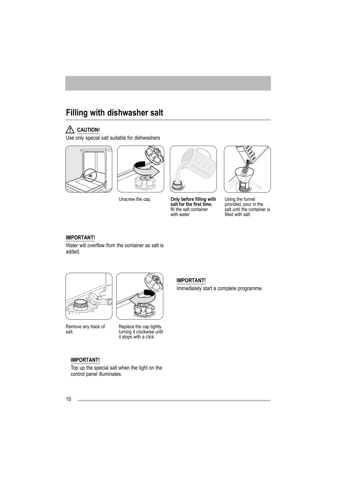Zanussi ZDF 221 user manual Filling with dishwasher salt 