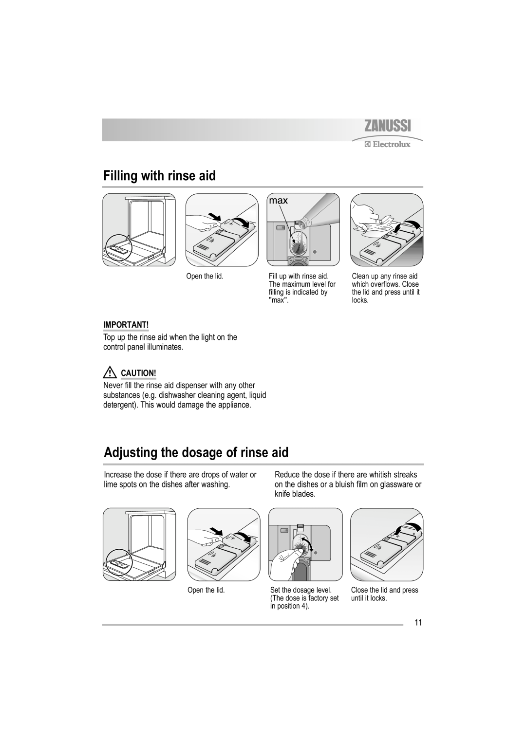 Zanussi ZDF 221 user manual Filling with rinse aid, Adjusting the dosage of rinse aid 