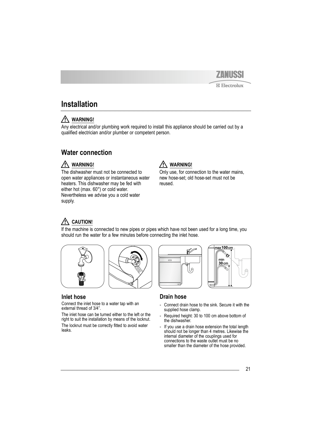 Zanussi ZDF 221 user manual Installation, Water connection, Inlet hose, Drain hose 