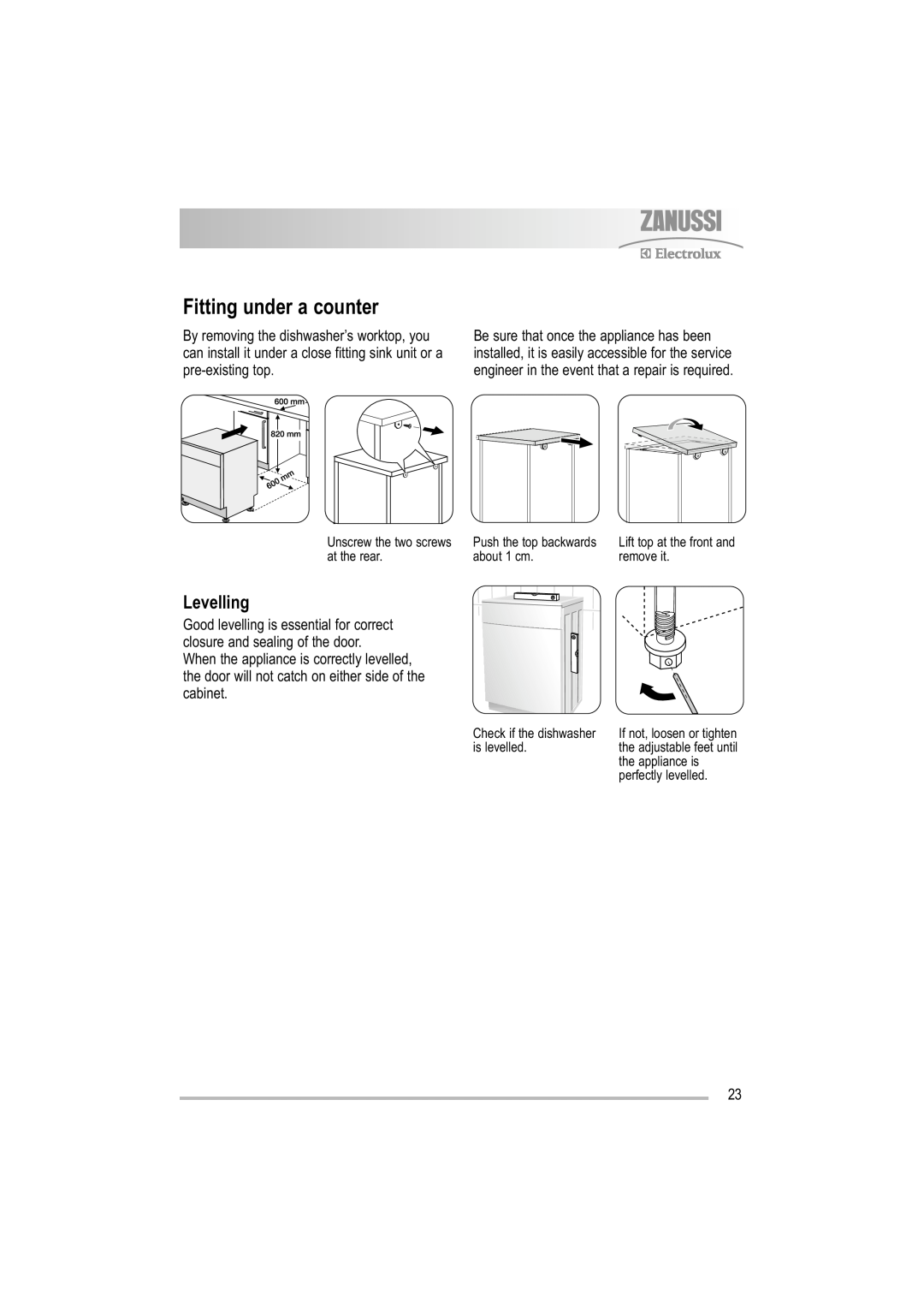 Zanussi ZDF 221 user manual Fitting under a counter, Levelling 