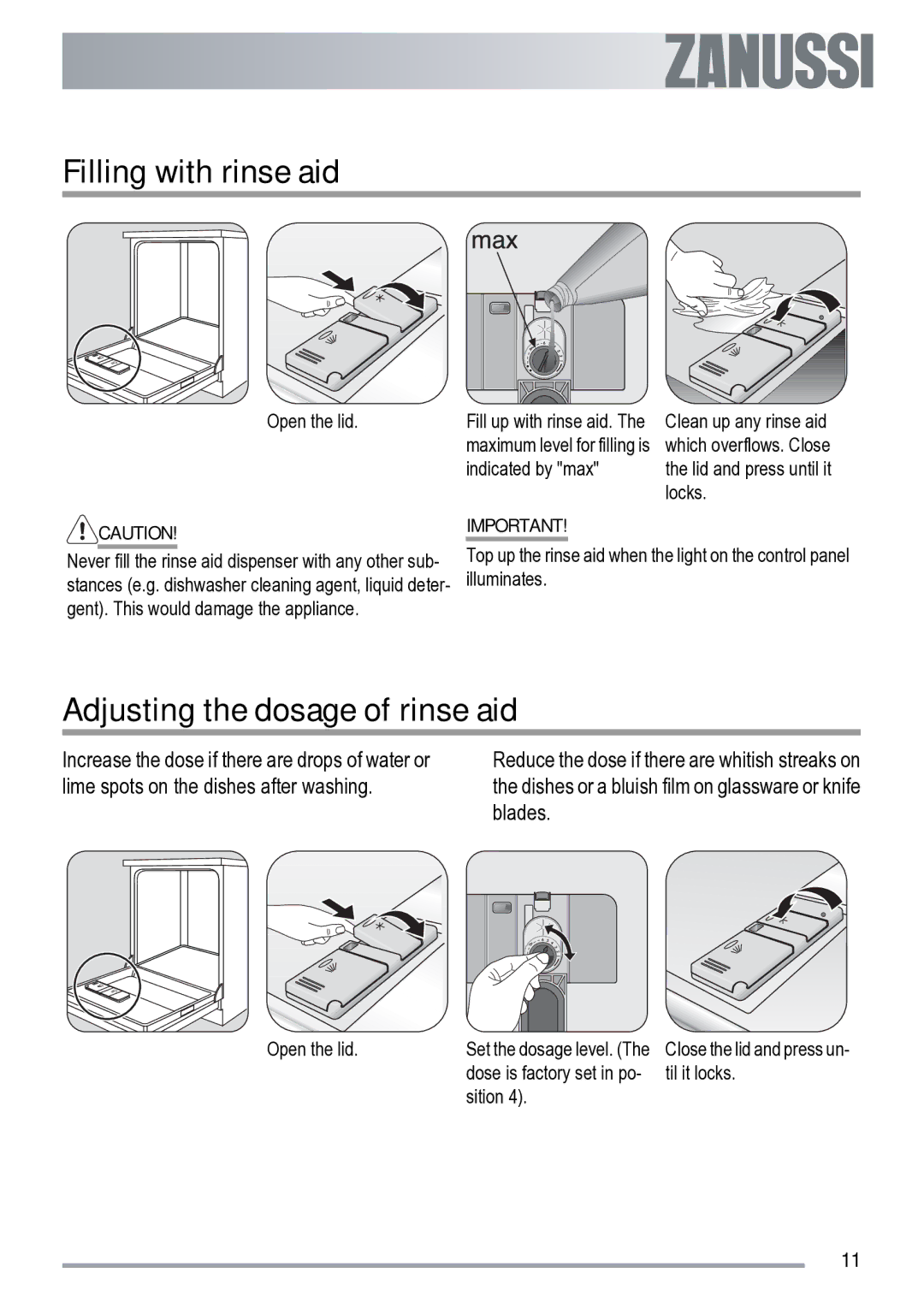 Zanussi ZDF 222 manual Filling with rinse aid, Adjusting the dosage of rinse aid 