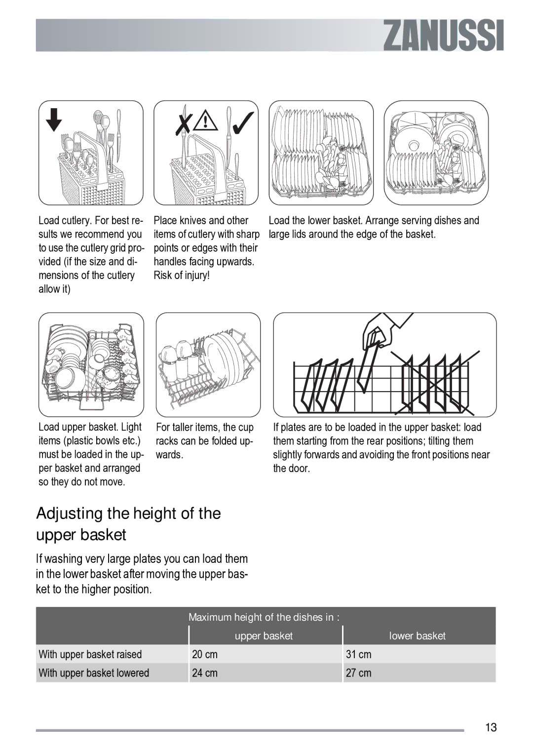 Zanussi ZDF 222 manual Adjusting the height of the upper basket, Maximum height of the dishes Upper basket, Lower basket 