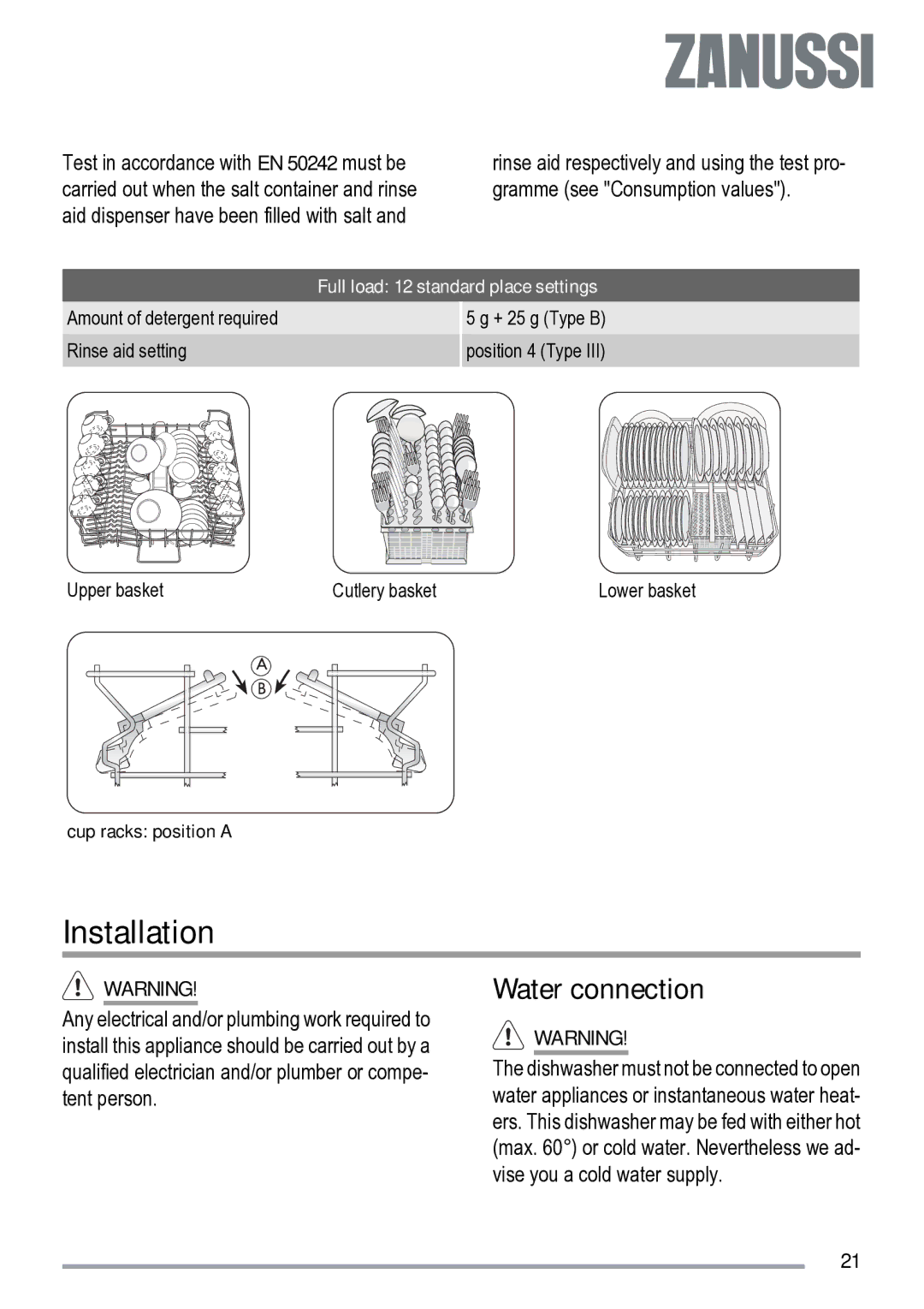 Zanussi ZDF 222 manual Installation, Water connection, Full load 12 standard place settings 